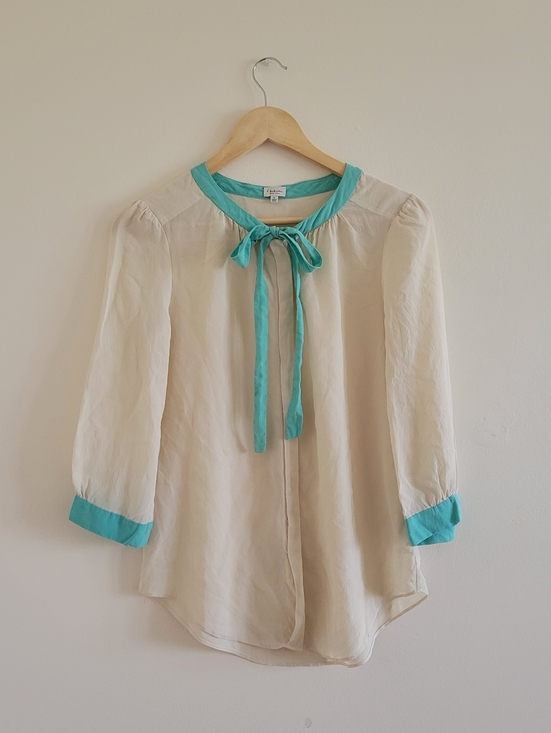 Babaton Tops - Babaton Cream Blouse with Tie Knot And Teal Details